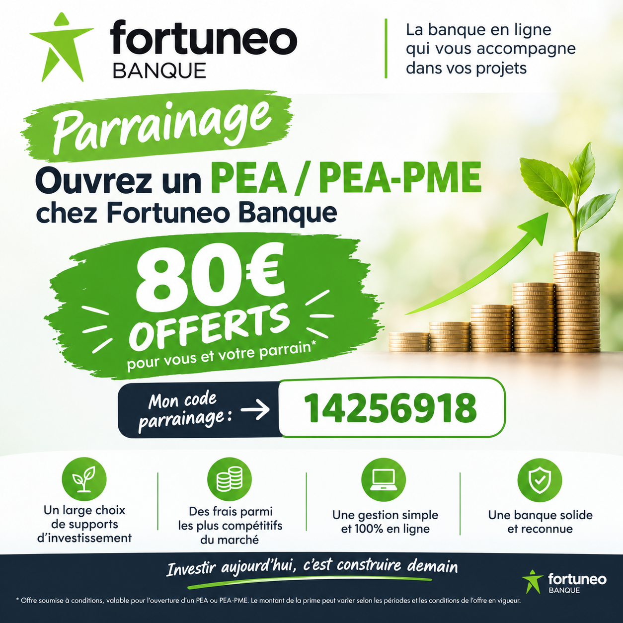 Parrainage Fortuneo PEA et PEA-PME, code 14256918, offre présentée à 80 euros sous conditions